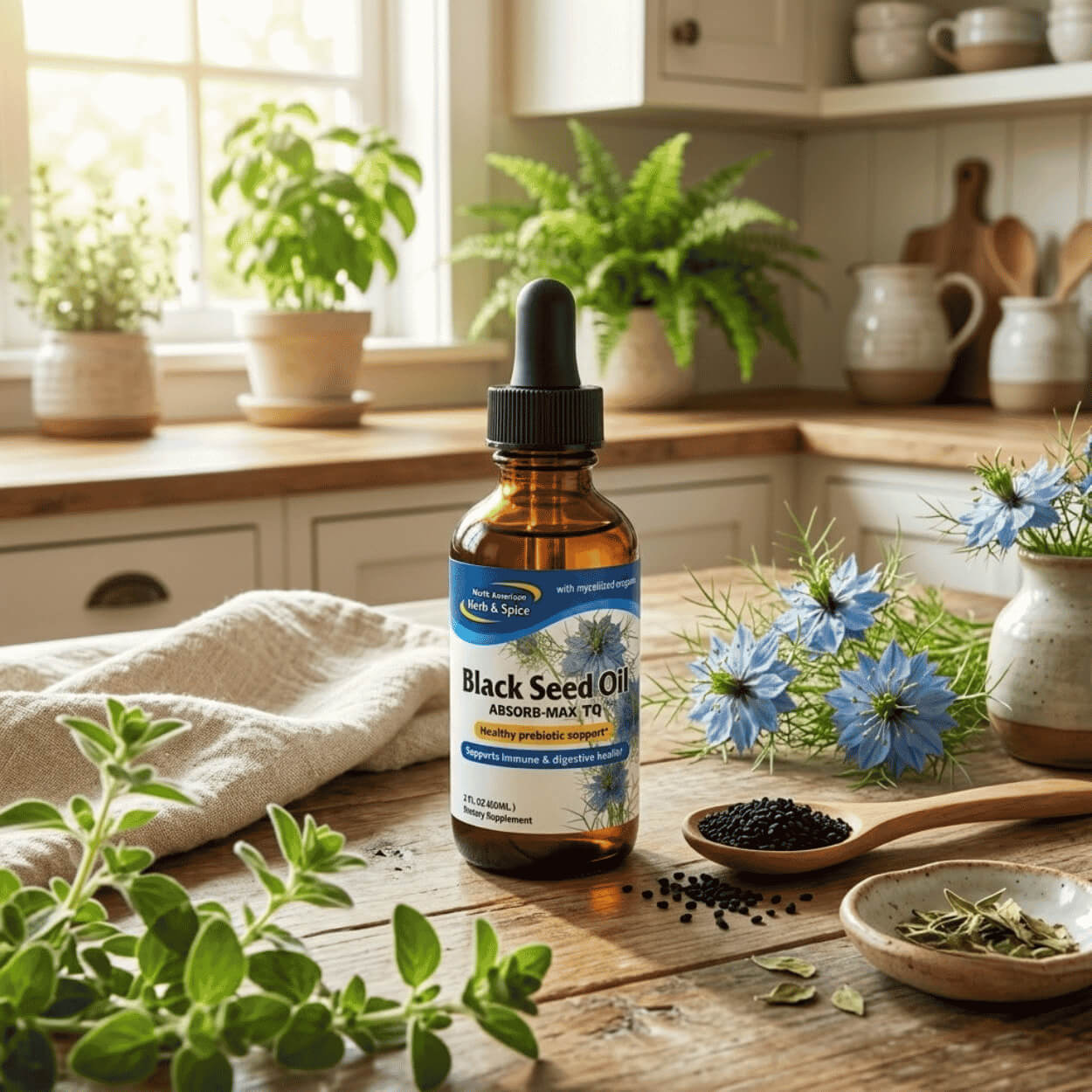 On a sunlit wooden kitchen counter stands a dropper bottle of 'Black Seed Oil', surrounded by a linen towel, fresh herbs, blue black seed flowers, and bowls with black seeds.
